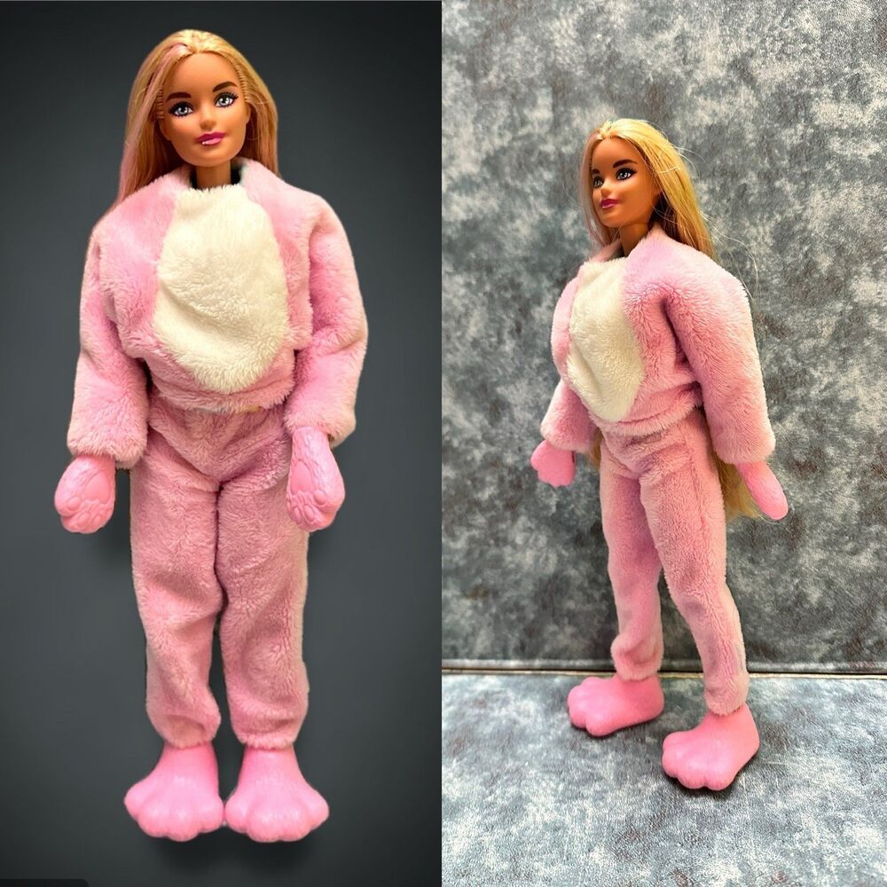Barbie cutie Reveal doll  Pink Plush Jogger Jumpsuit with Cream Bib Detail